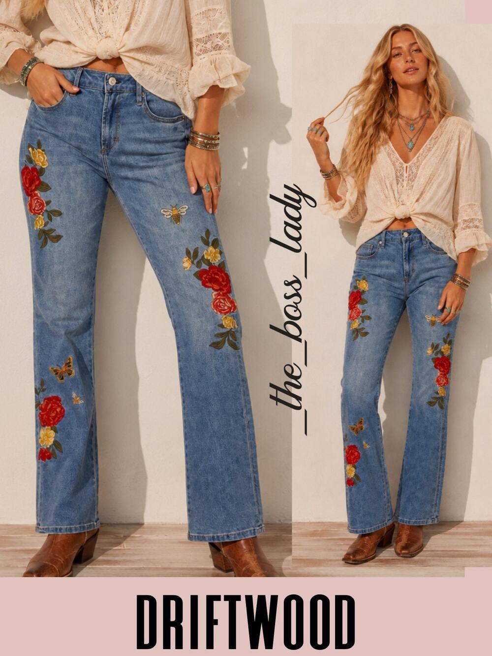 Driftwood jeans floral embroidery straight-leg pants boho 6 or 29